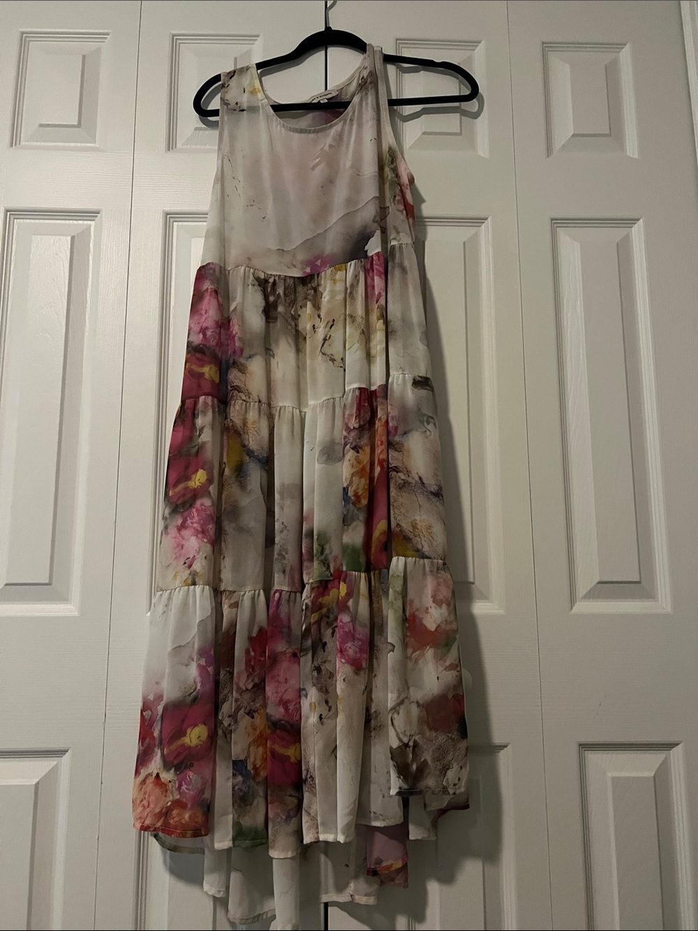 Floral Watercolor Tiered Midi Dress - Cream with Pink & Green Accents